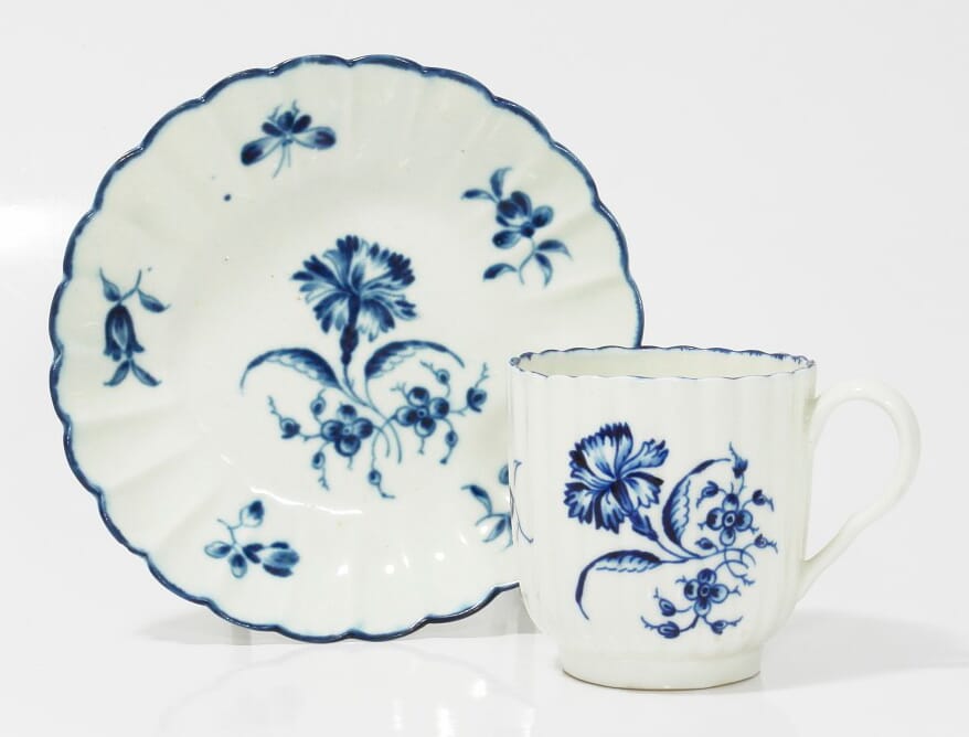 Caughley lobed coffee cup & saucer, C. 1785 -0
