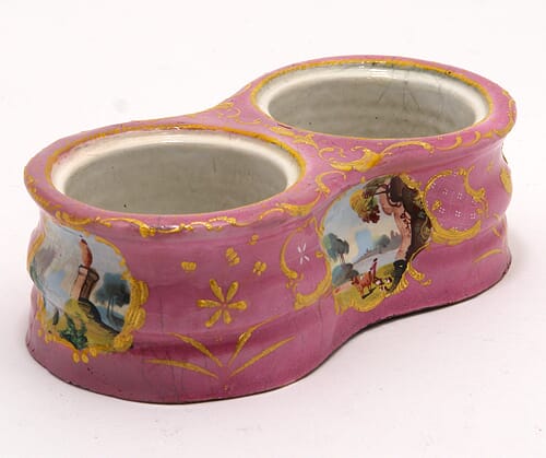 South Staffordshire enamel double salt, pink with scenes, C. 1780 -0