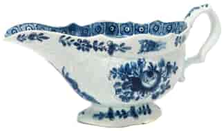 Bow sauceboat, rococo moulded with underglaze blue flowers, C. 1765 -0