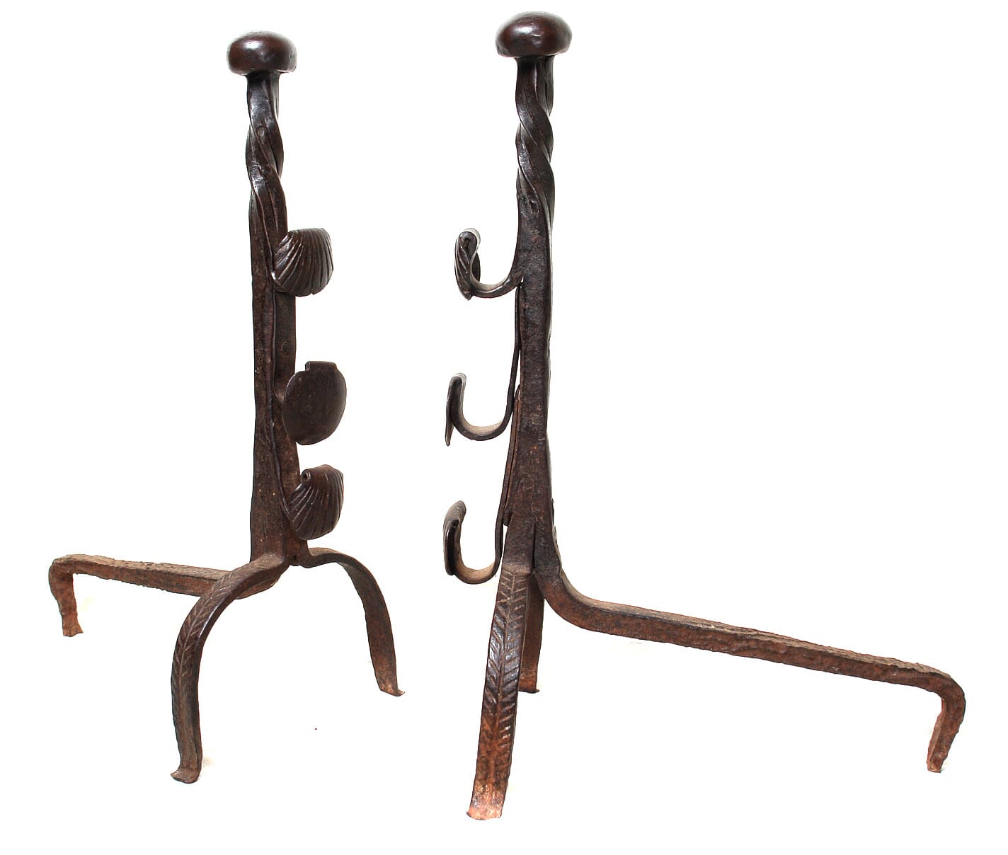 Pair of fire dogs, scollop shell decoration, 17th century -0