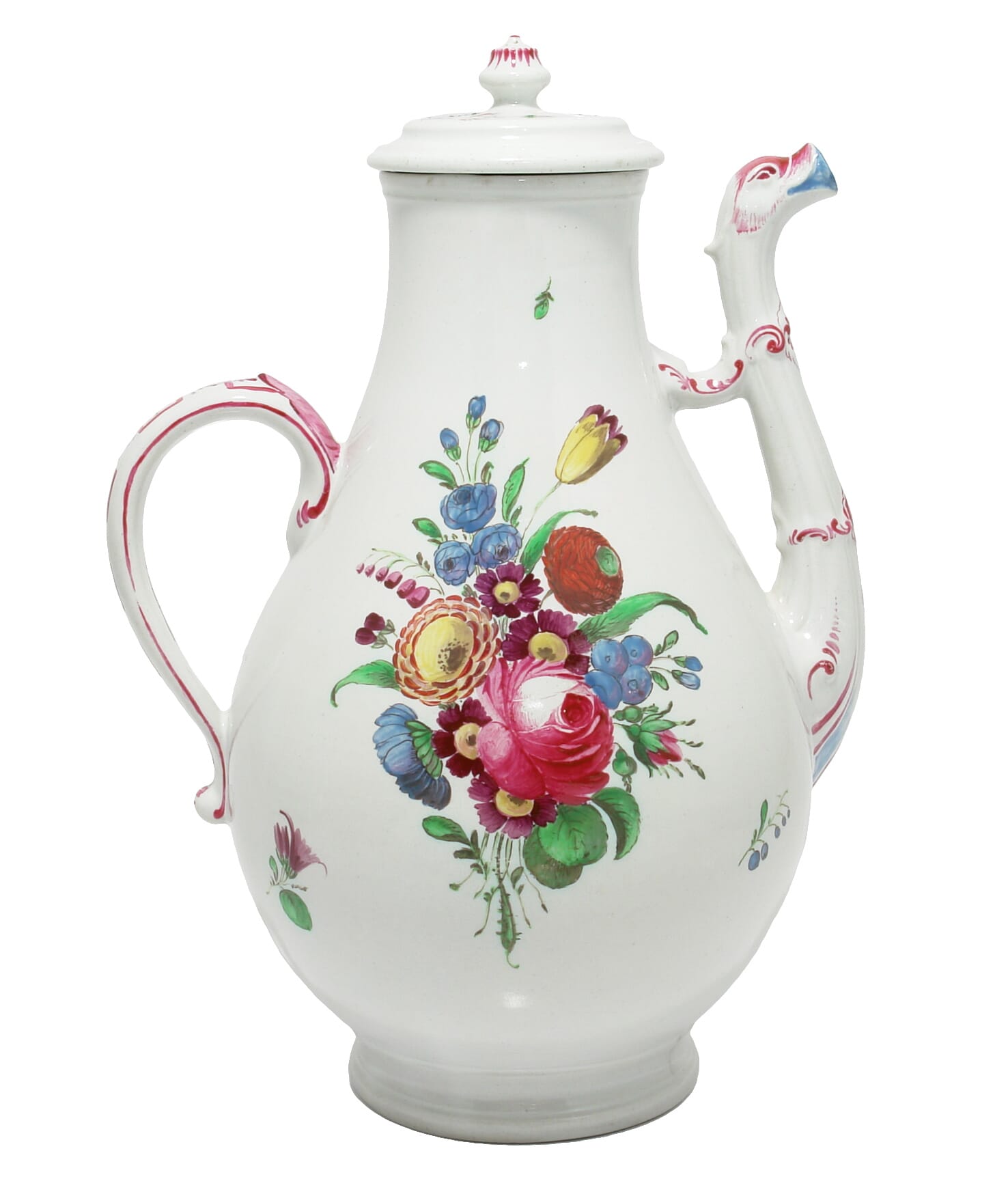 Doccia coffee pot with birds head spout, flower painted, c. 1765 -0