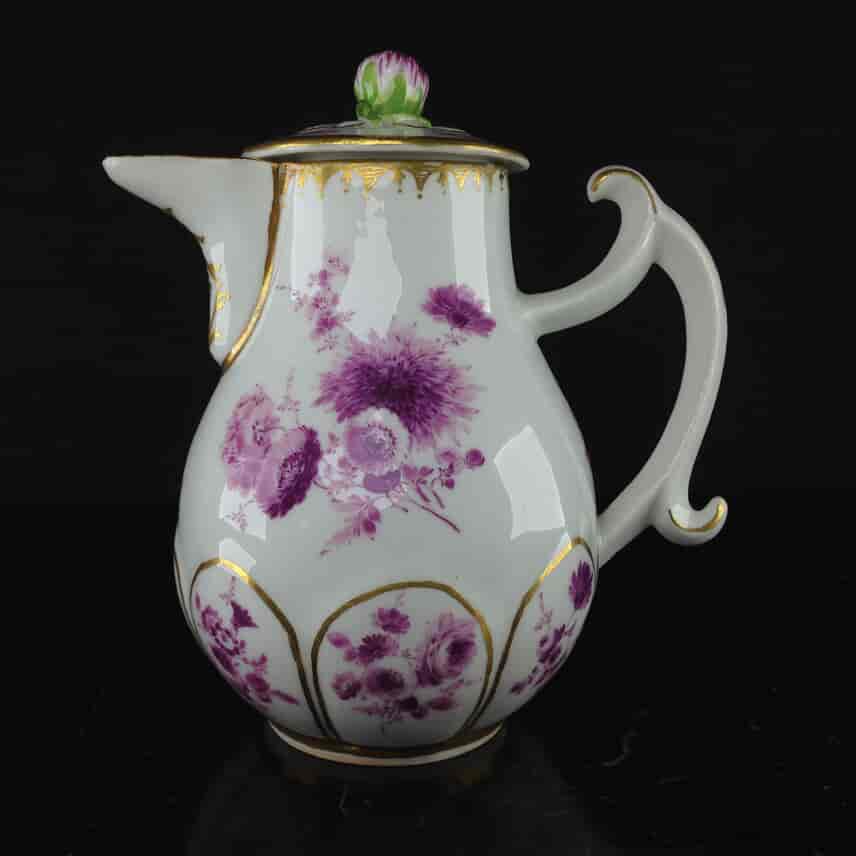 Meissen jug & cover, purple flower decoration, c.1750 & later -0