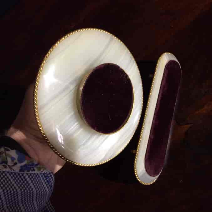 Onyx Inkwell & pen stand with inlaid flowers, C. 1870 -920
