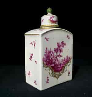 Frankenthal tea canister & cover, scenes in purple, c. 1765 -7343