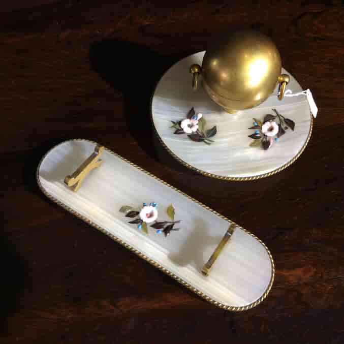 Onyx Inkwell & pen stand with inlaid flowers, C. 1870 -926