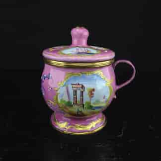 English enamel mustard pot, pink ground with landscapes, c.1770 -0