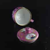 English enamel mustard pot, pink ground with landscapes, c.1770 -4420