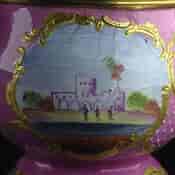 English enamel mustard pot, pink ground with landscapes, c.1770 -4421