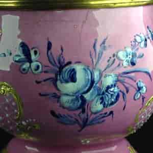 English enamel mustard pot, pink ground with landscapes, c.1770 -4422