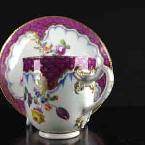 Meissen cup & saucer, scale purple border with flowers, c.1765 -1040