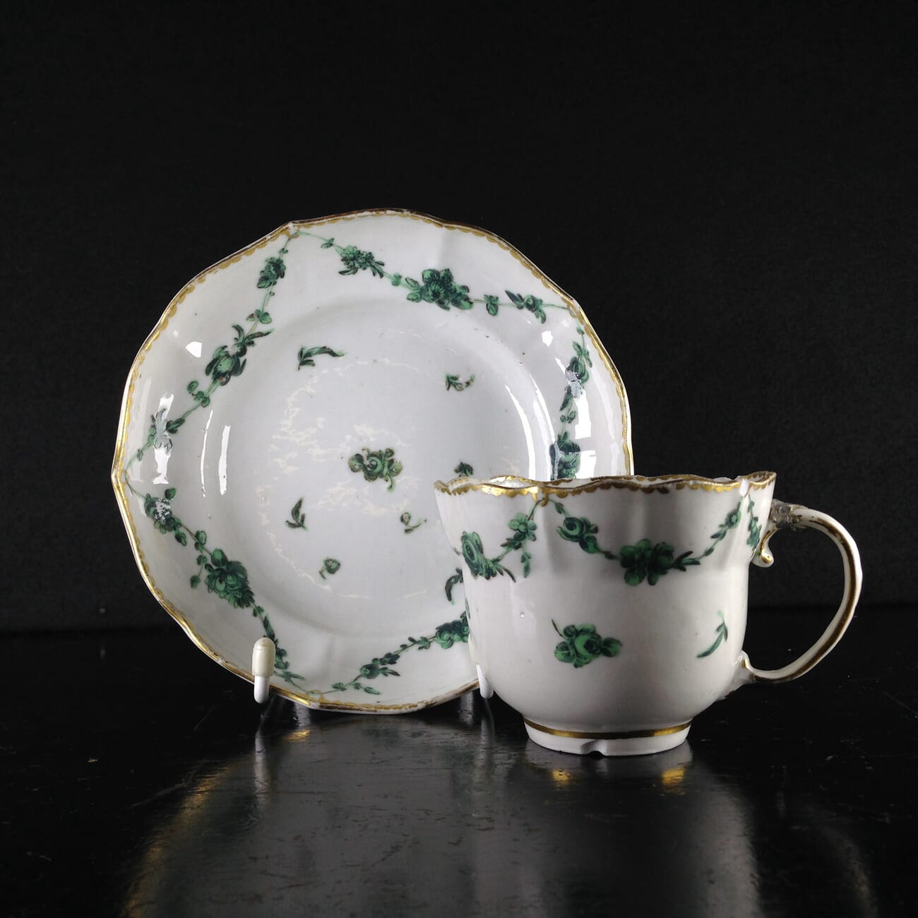 Champions Bristol cup & saucer, green swags with gilt, c. 1775 -0
