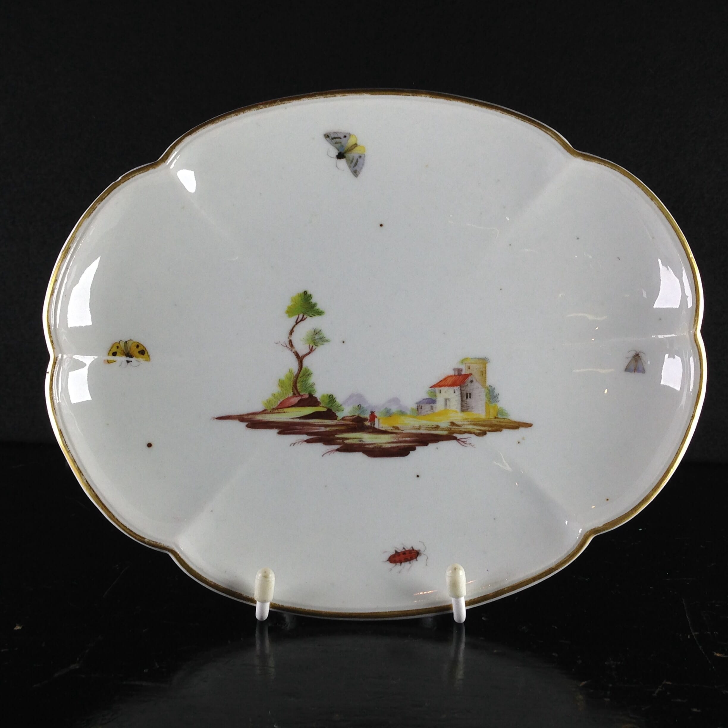 Niderville dish painted with landscape and bugs, c.1770 -0