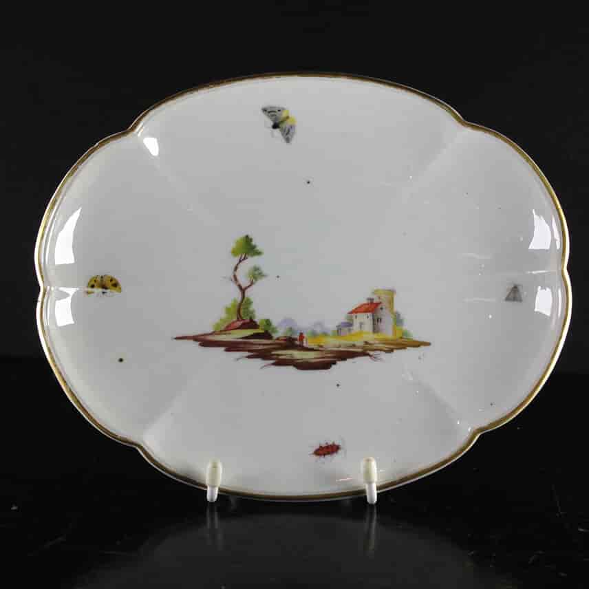 Niderville dish painted with landscape and bugs, c.1770 -0