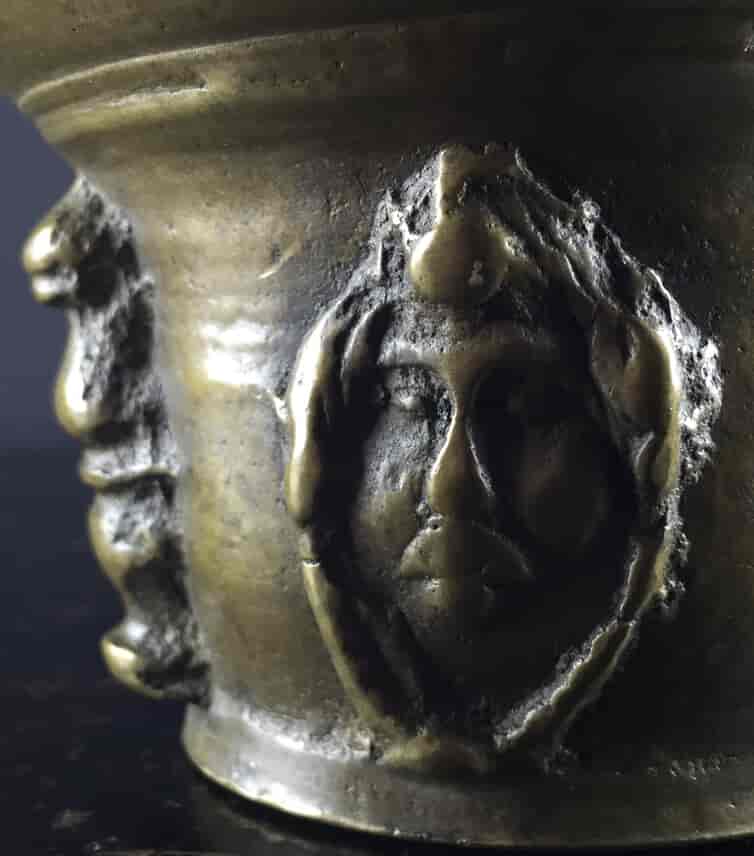 Bronze mortar & pestle, French, with Janus face, late 16th century -9325
