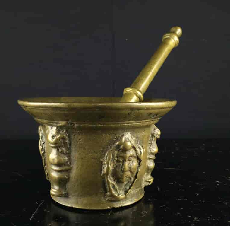 Bronze mortar & pestle, French, with Janus face, late 16th century -9326