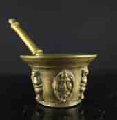 Bronze mortar & pestle, French, with Janus face, late 16th century -0