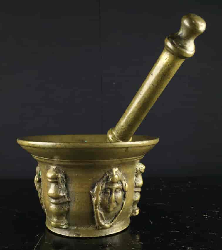 Bronze mortar & pestle, French, with Janus face, late 16th century -9328