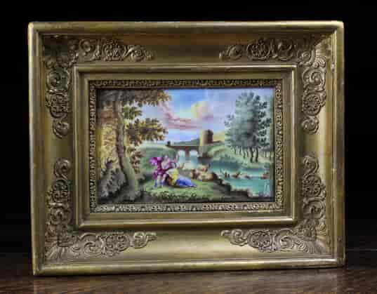 Continental enamel plaque, Italianate scene with a classical couple, 18th century -0