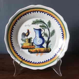 French faience plate, Gallic rooster with giant jug, Nevers c. 1780