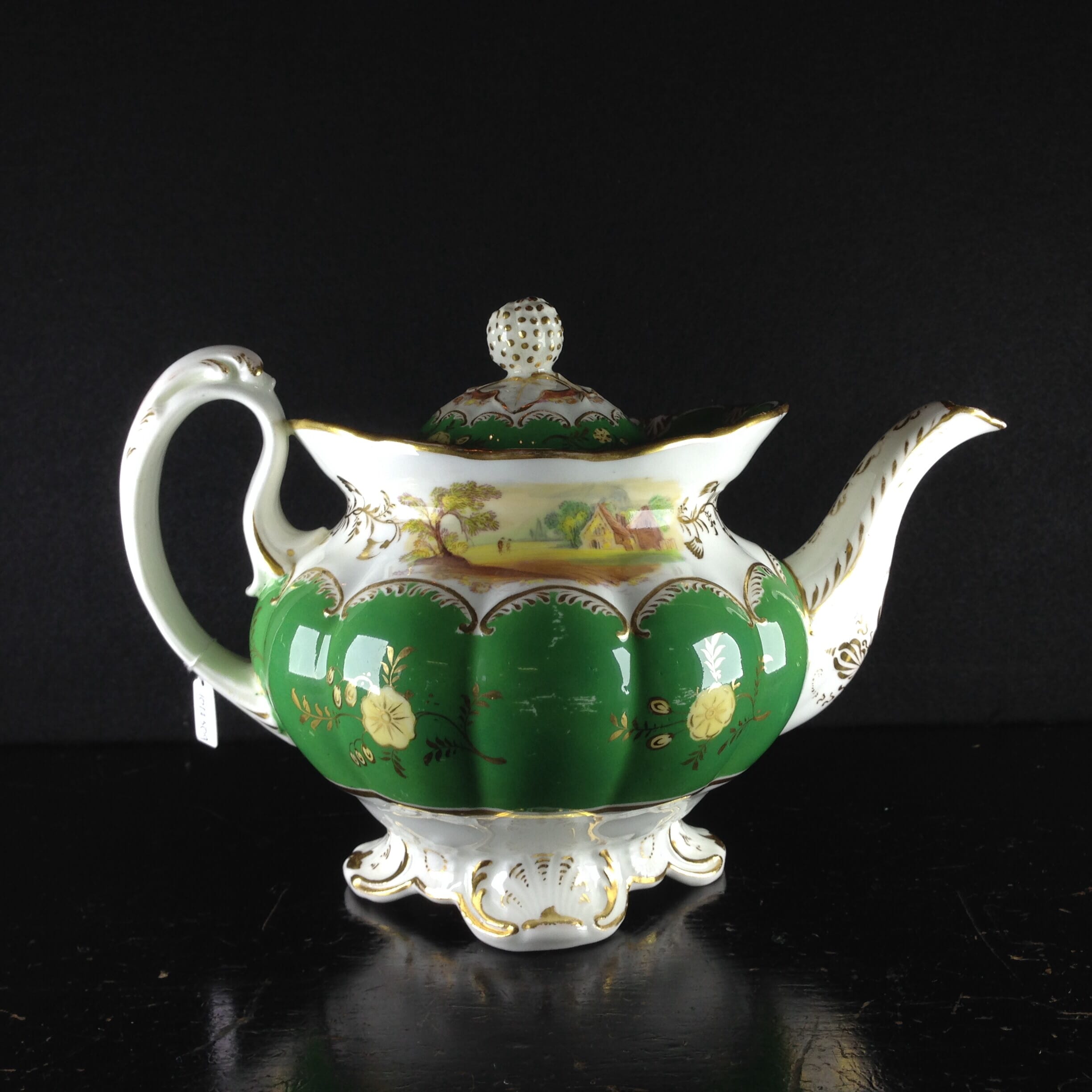 Coalport green ground teapot with scenes, pat.509, c.1835-0