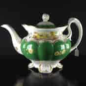 Coalport green ground teapot with scenes, pat.509, c.1835-1674