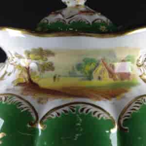 Coalport green ground teapot with scenes, pat.509, c.1835-1676