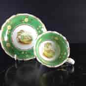Coalport green ground teacup & saucer with scenes, pattern 509, c.1835-1684
