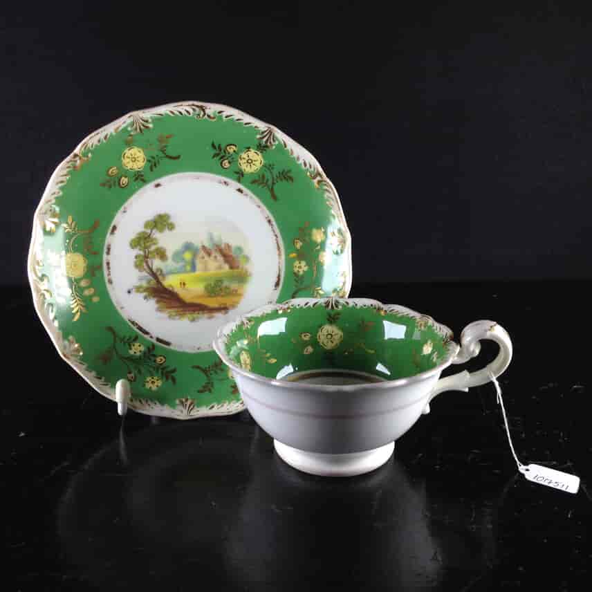 Coalport green ground teacup & saucer with scenes, pat.509, c.1835-0