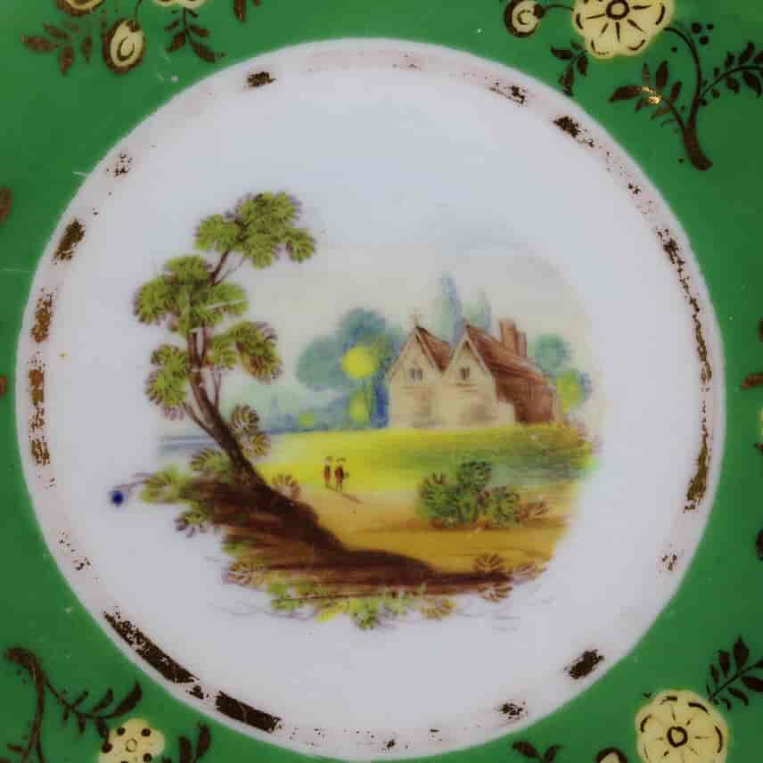 Coalport green ground teacup & saucer with scenes, pat.509, c.1835-1703