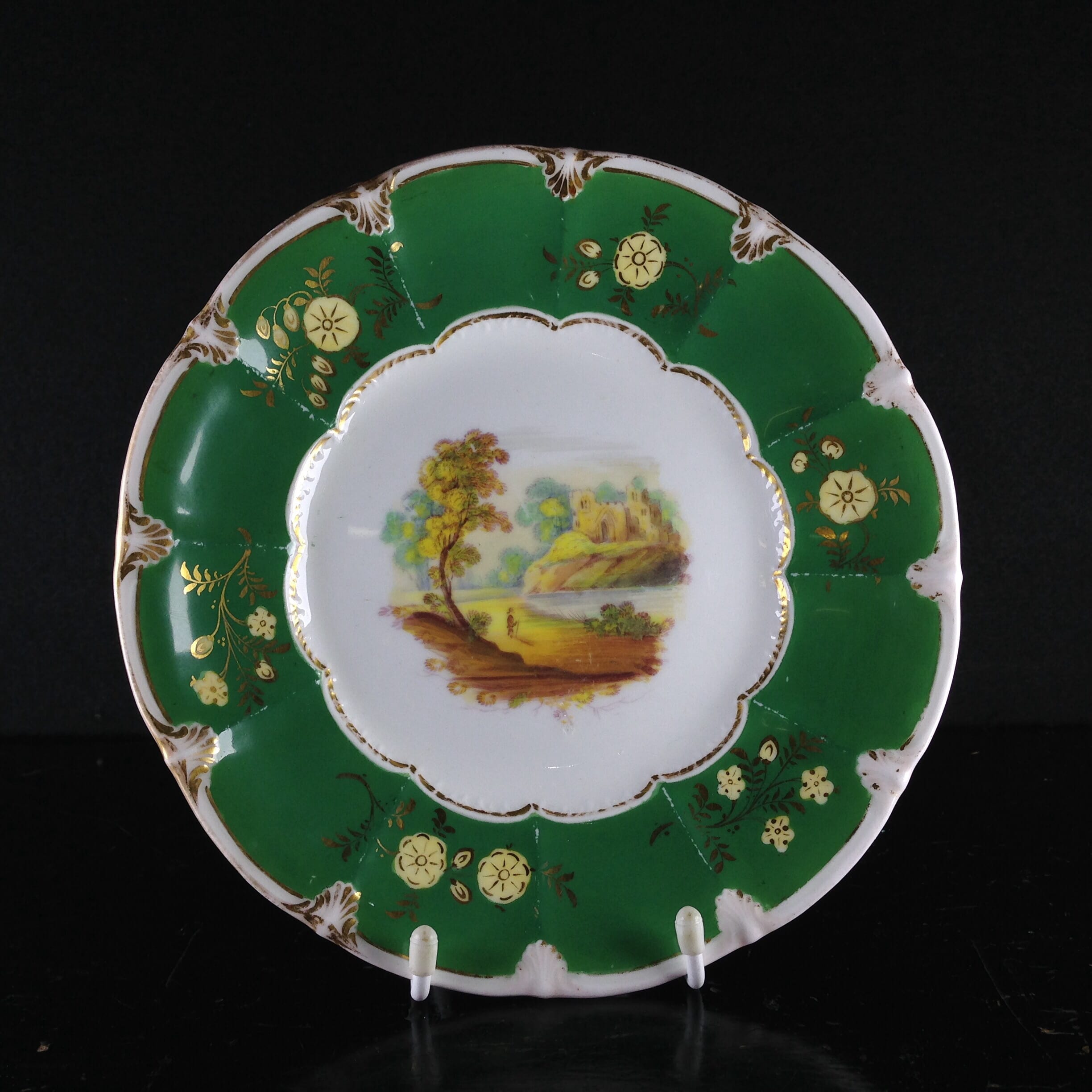 Coalport green dish, with scenes, pat.509, c.1835-0