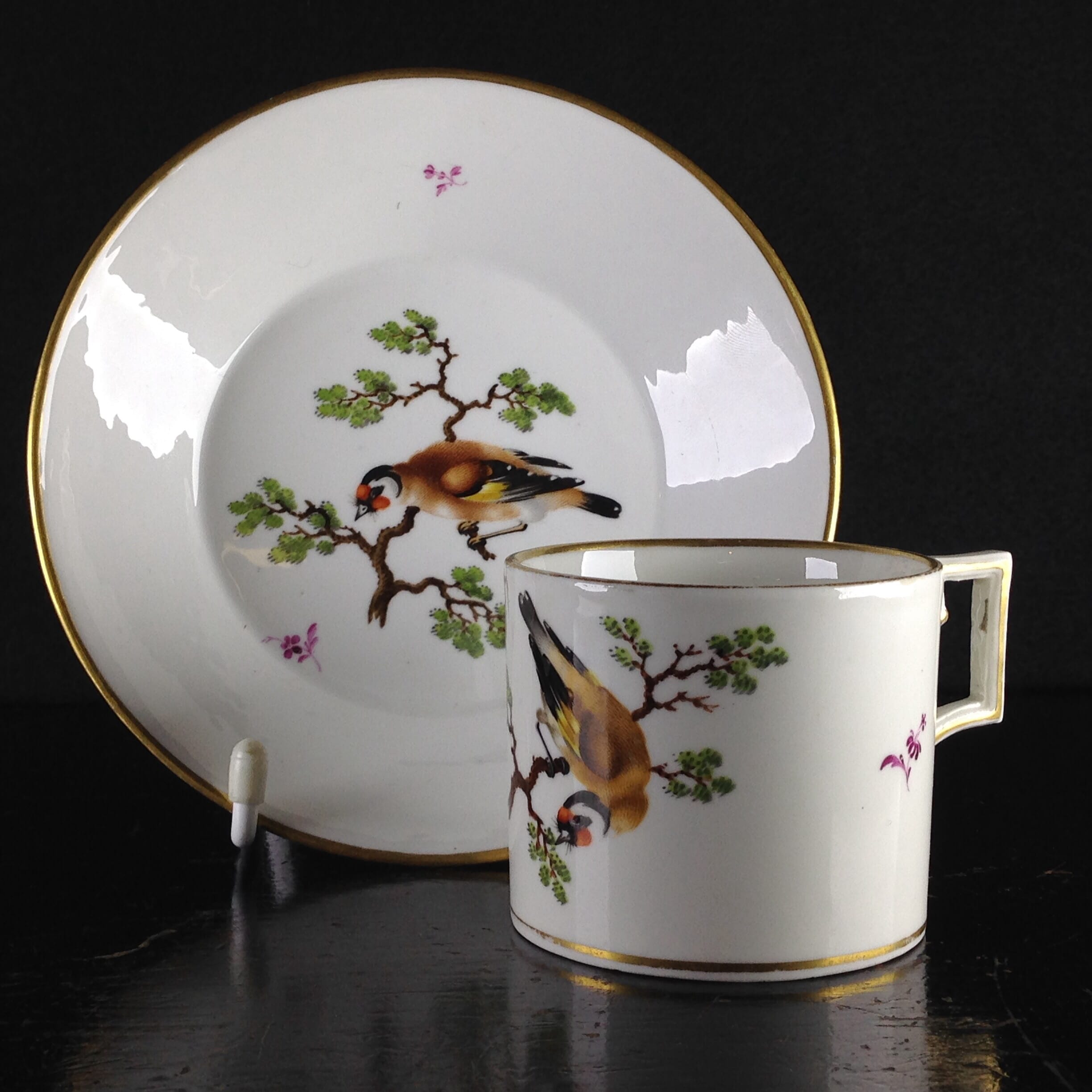 Thuringian porcelain coffee can & saucer, bird painting, C. 1805 -0
