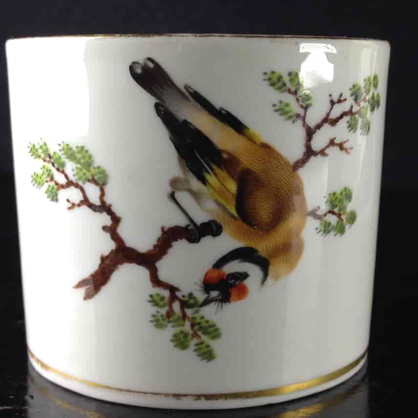 Thuringian porcelain coffee can & saucer, bird painting, C. 1805 -1928