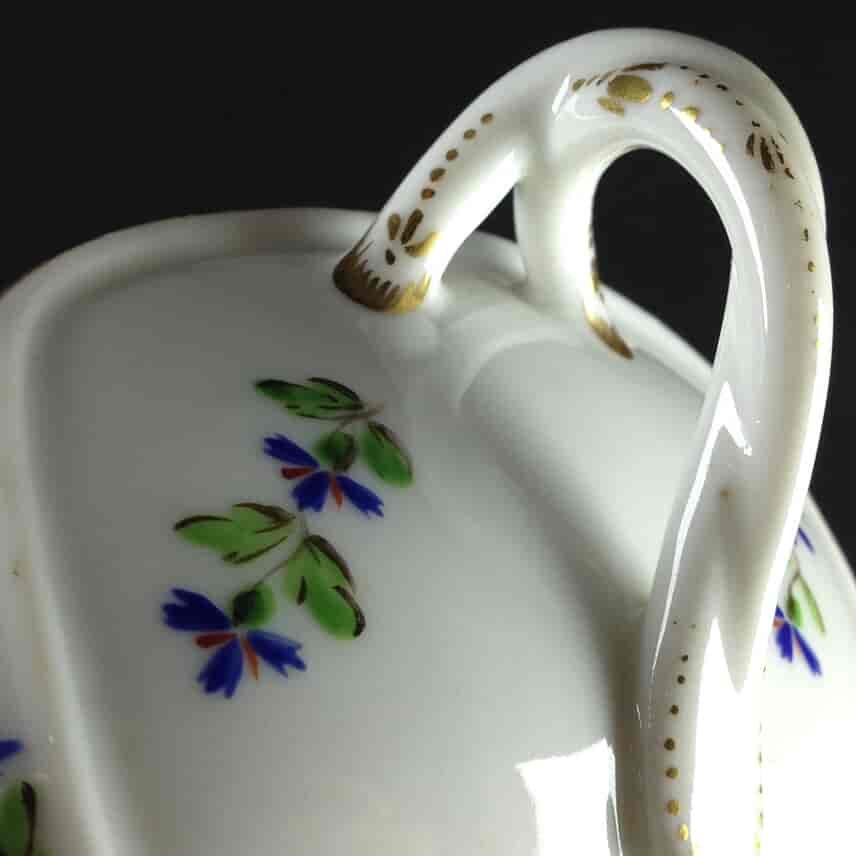 French porcelain twin handled sauceboat, cornflower sprigs, c.1780 -1944