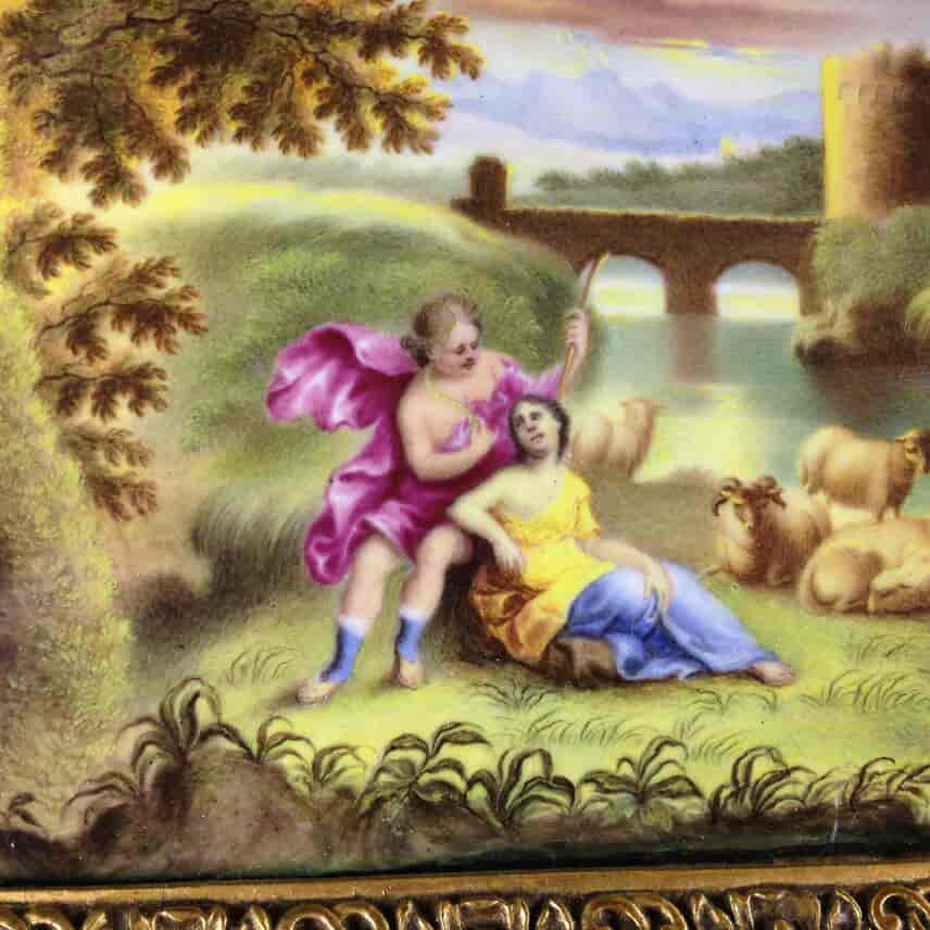 Continental enamel plaque, Italianate scene with a classical couple, 18th century -2196