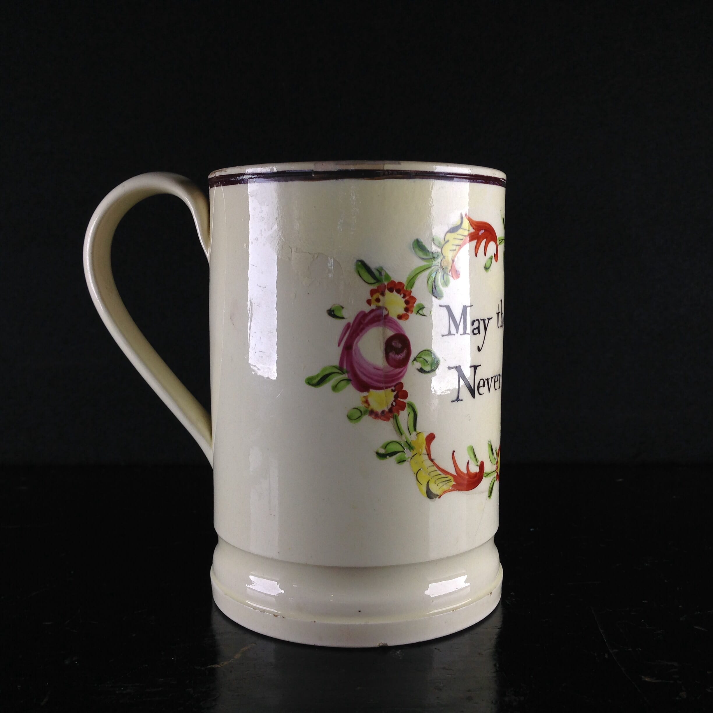 Creamware frog mug, Motto - May the honest heart never feel distress- c. 1780 -0