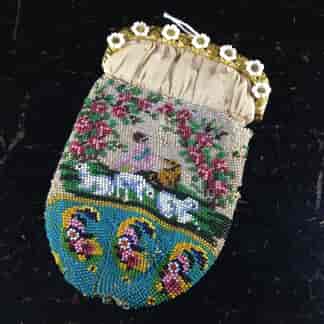 French beadwork purse with Child,dog & three lambs, glass flowers, c.1830.-0