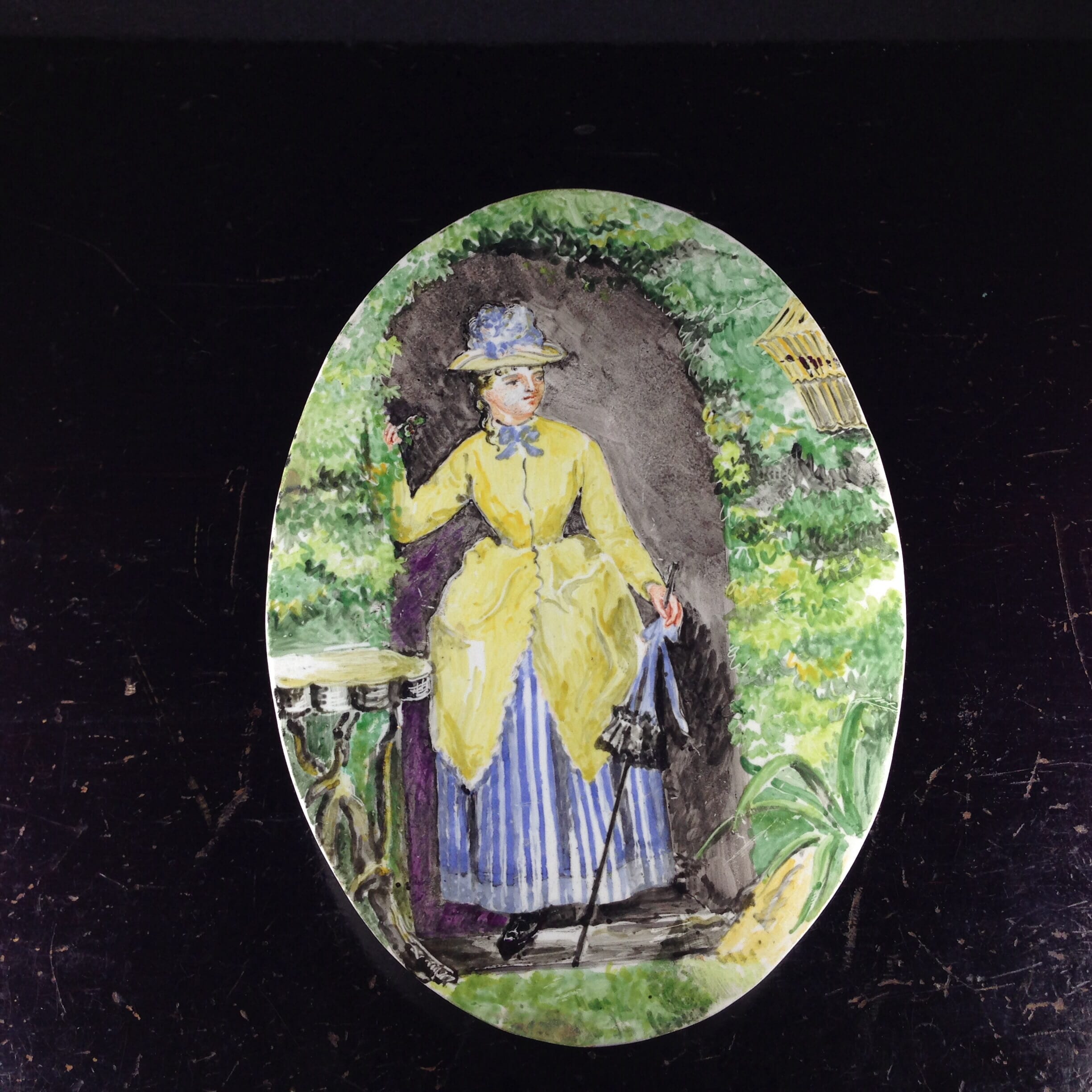 Copeland plaque with amateur painting- lady with birdcage- c.1860 -0