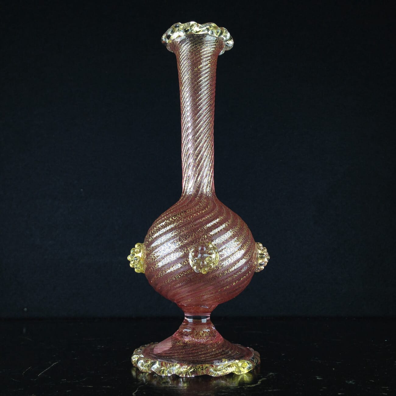 Venetian glass vase, gold swirls & pink, circa 1900-0