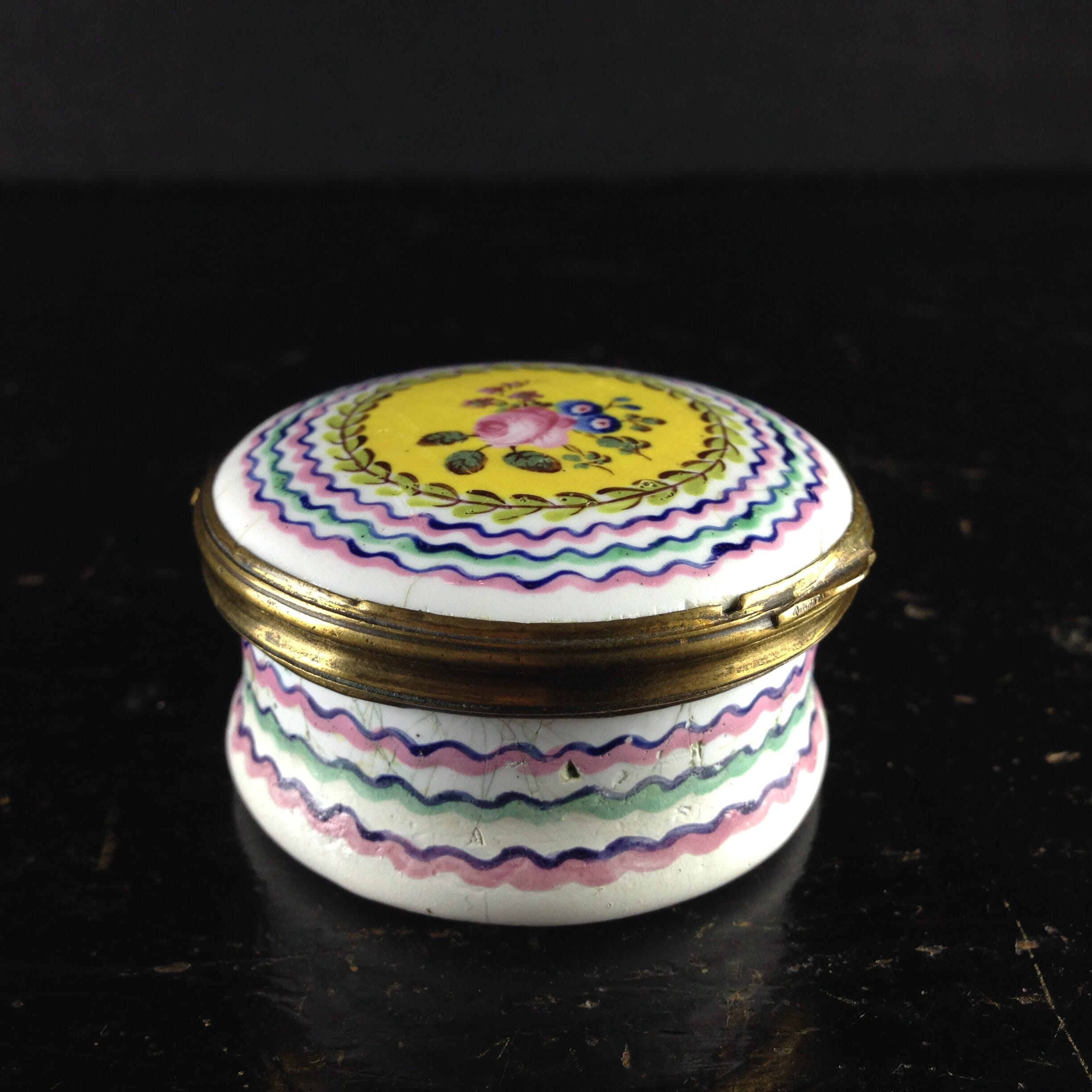 English enamel box, yellow ground with flowers, c1780-0