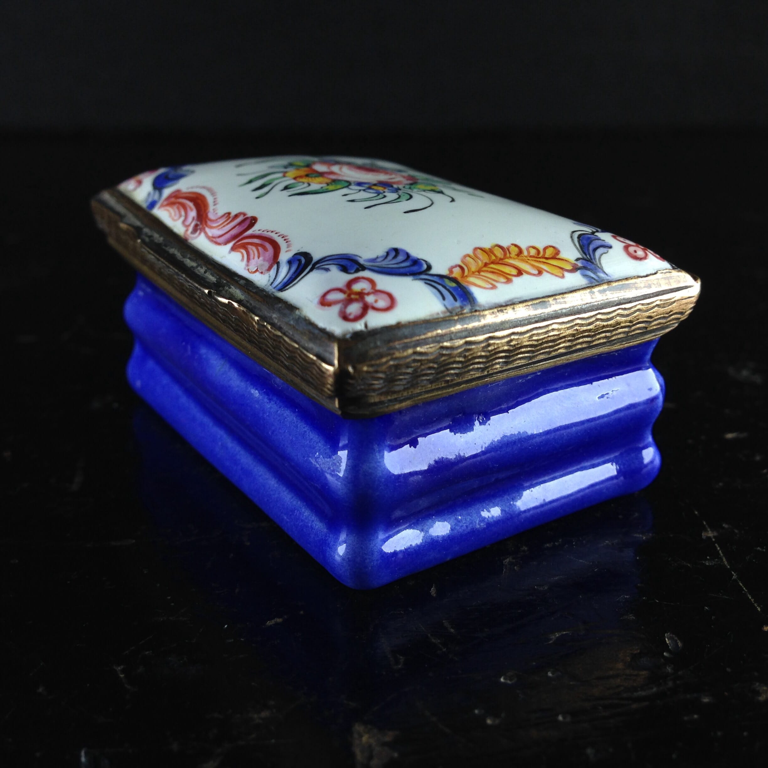 English enamel patch box, flowers, circa 1760-0