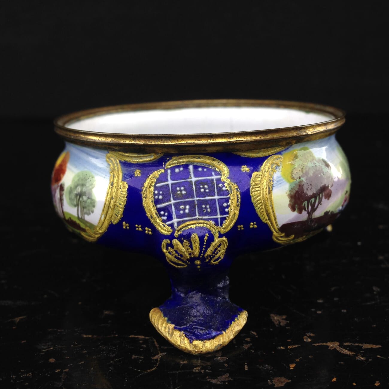 English enamel salt, deep blue ground with landscapes, c.1770 -2998