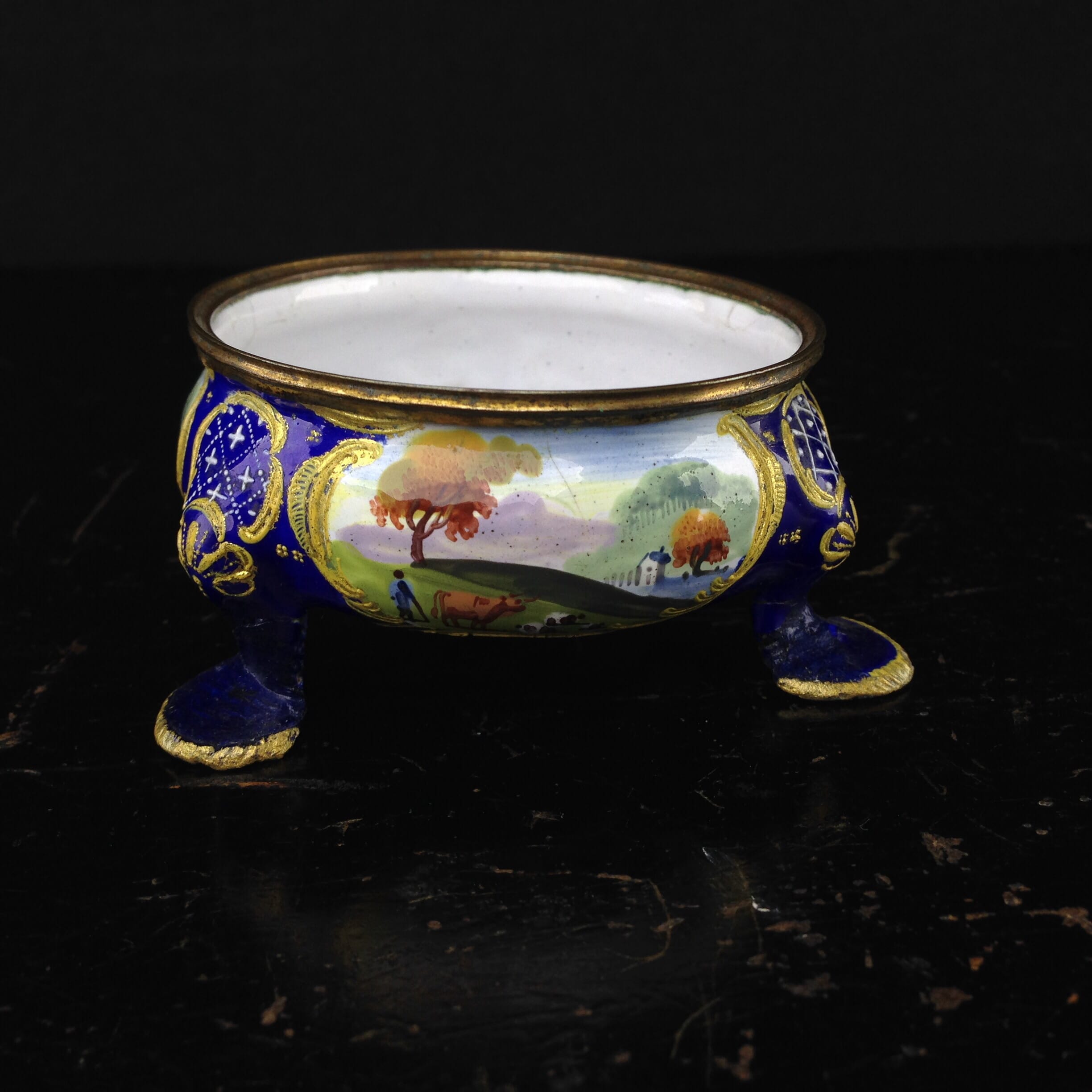 English enamel salt, deep blue ground with landscapes, c.1770 -0