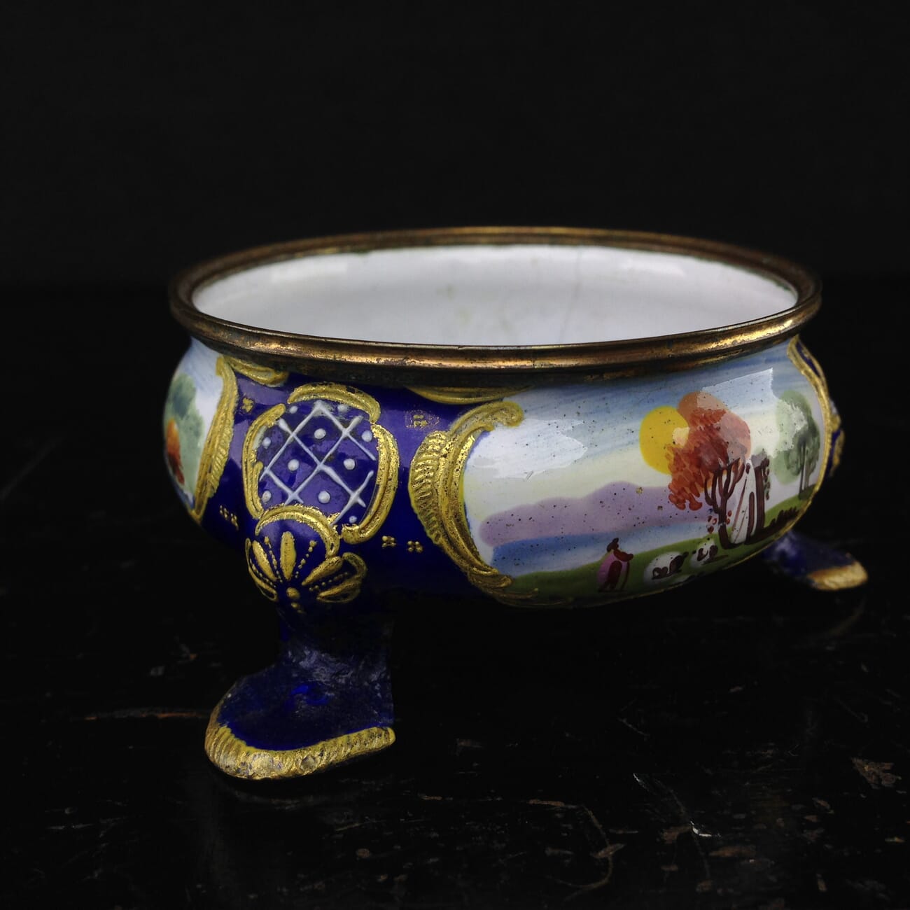 English enamel salt, deep blue ground with landscapes, c.1770 -3000