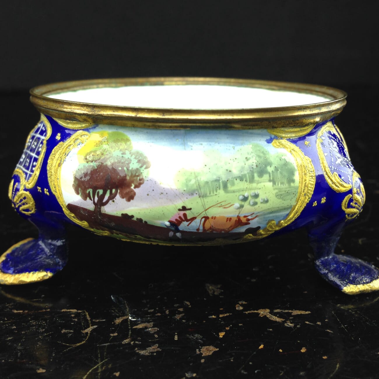 English enamel salt, deep blue ground with landscapes, c.1770 -3001