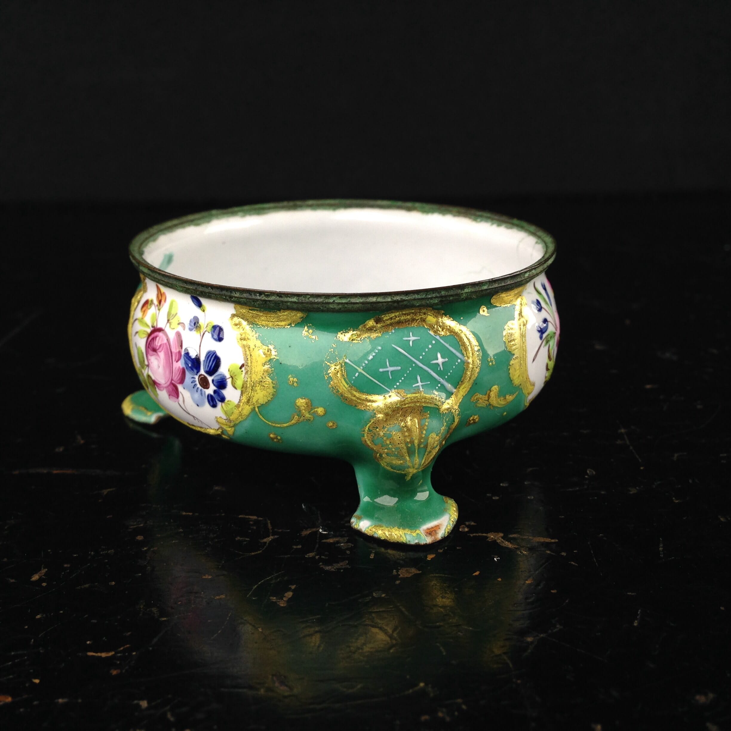 English enamel salt, green ground with flowers, c.1770 -0