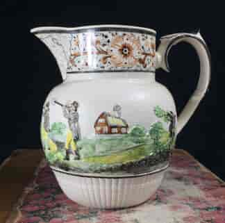 Castleford stoneware jug, engine- turned & moulded & enamelled hunt scene, c.1800 -0