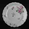 Chelsea plate with flowers & bugs, red anchor period C. 1755-0