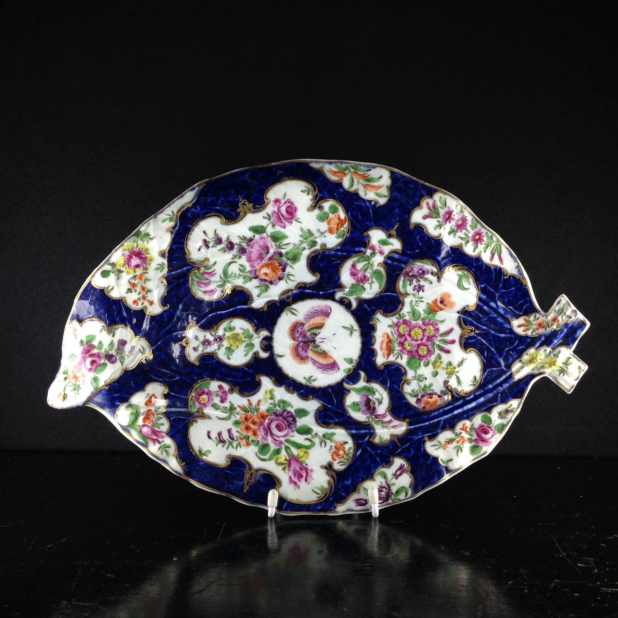 Worcester leaf dish of large size, scale blue & flowers, c. 1770 -0