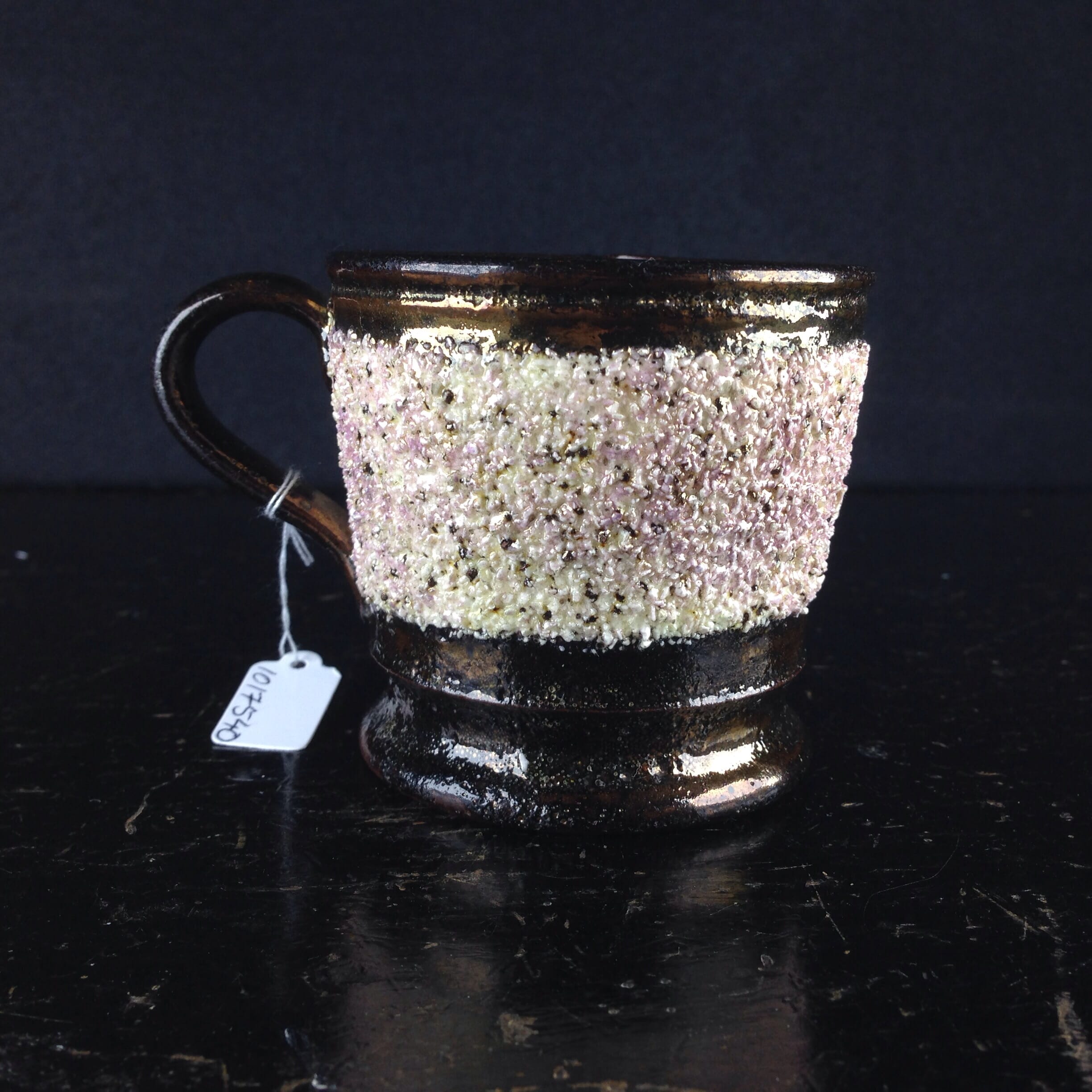 English copper lustre mug, rough clay band, c.1850-0
