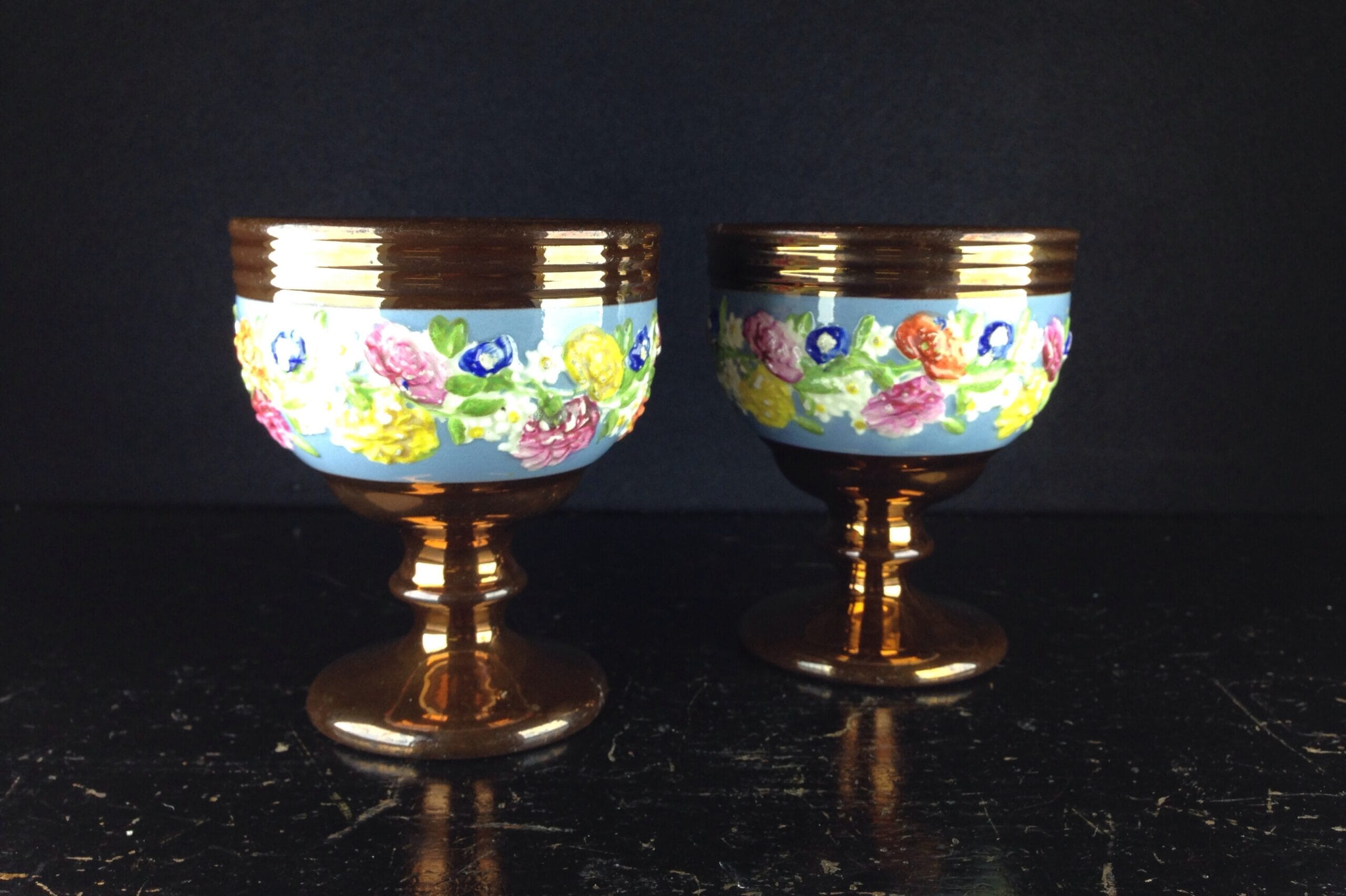 Pair of English lustre goblets, flower moulded, c. 1850-0